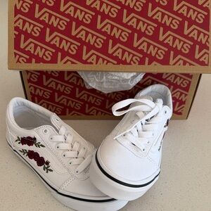 Vans Kids White Sneakers with Red Floral Design